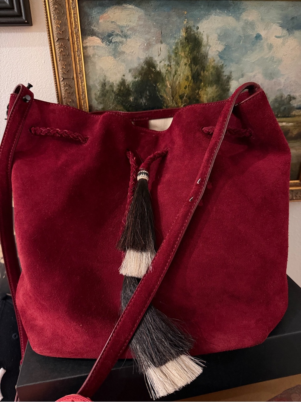 Loeffler Randall Burgundy Suede Drawstring Shoulder Bag with Tassel